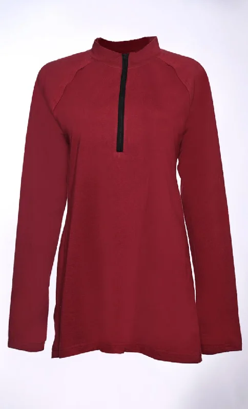 Maroon Casual T-Shirt with Half Zip Closure Fashion Hoodie Sweatshirt