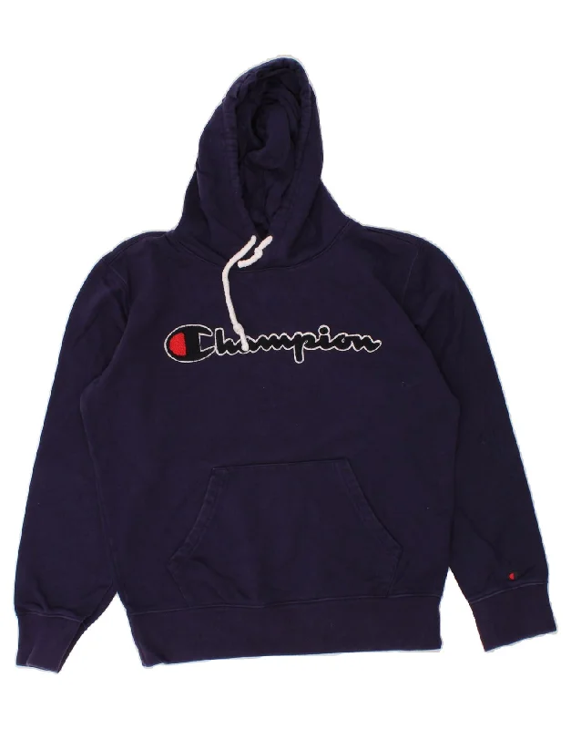 CHAMPION Womens Graphic Hoodie Jumper UK 14 Medium Navy Blue Cotton Best sweaters for winter