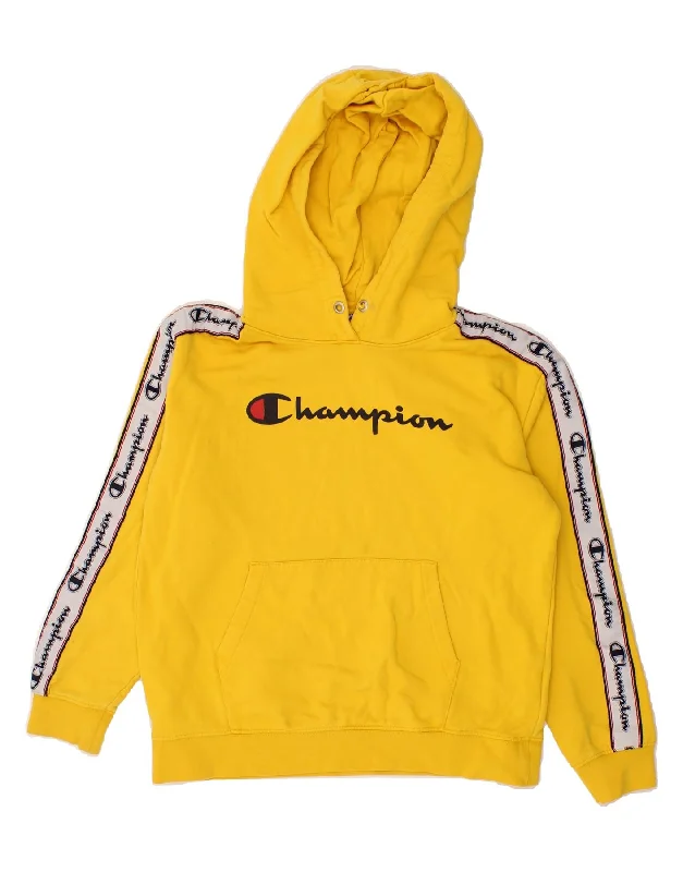 CHAMPION Womens Graphic Hoodie Jumper UK 14 Medium Yellow Colourblock Premium sweaters