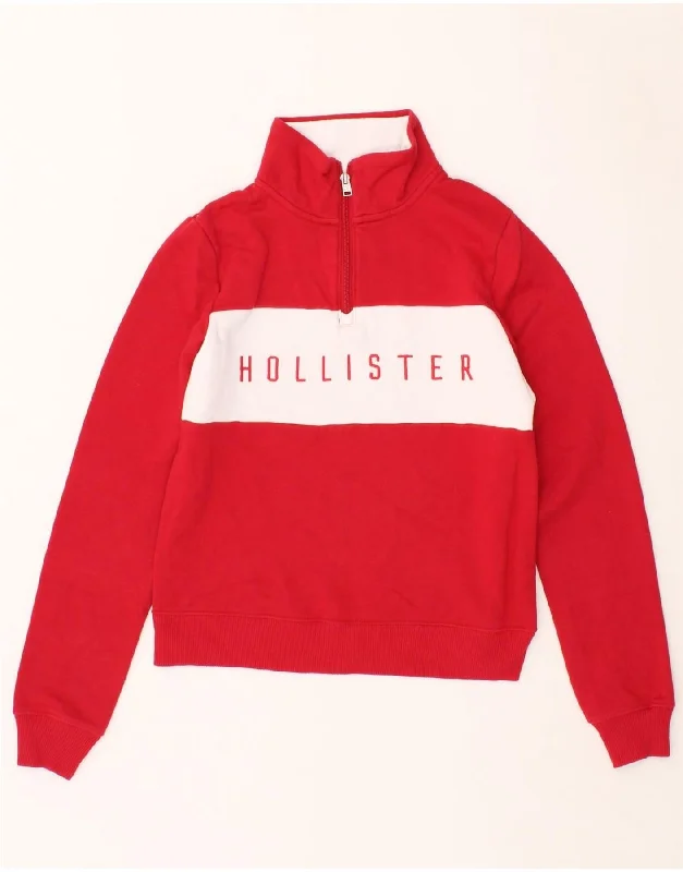 HOLLISTER Womens Oversized Graphic Zip Neck Sweatshirt Jumper UK 6 XS Red Best sweaters for hiking