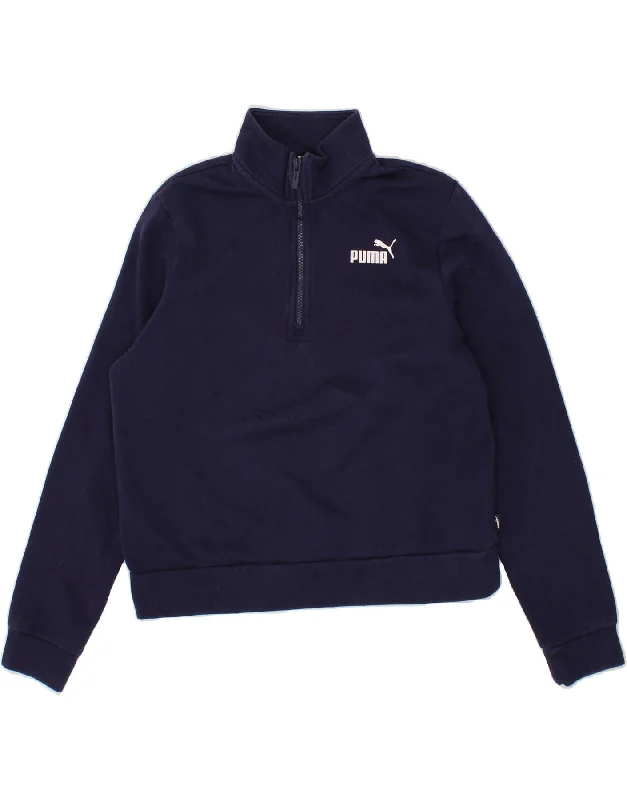 PUMA Womens Zip Neck Sweatshirt Jumper UK 14 Medium Navy Blue Cotton Date night sweaters