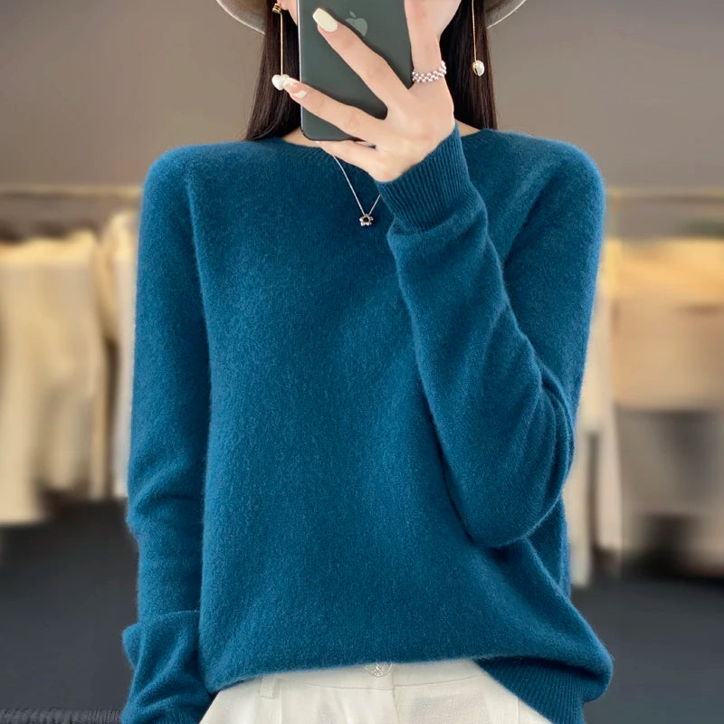 Women 100% Pure Merino Wool Knitted Sweater Autumn Winter Fashion O-Neck Pullover Seamless Jumper Tops Cashmere Warm Clothes Trendy oversized sweaters