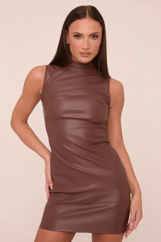 Brown Faux Leather High Neck Sleeveless Mini Dress - Hazel Best mini dresses for tall women