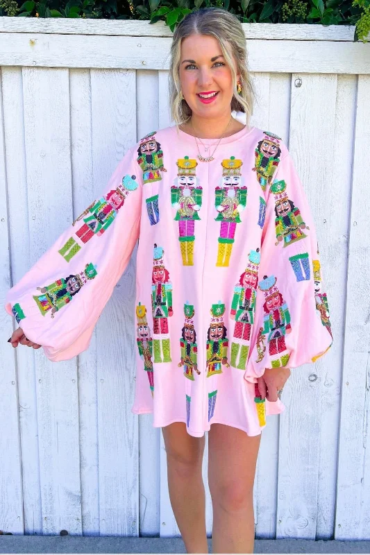 Nutcracker Band Balloon Sleeve Sweatshirt Dress - Light Pink Women's trendy mini dresses sale