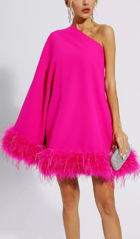 PINK FEATHER TRIM ONE SHOULDER MINI DRESS Edgy mini dresses