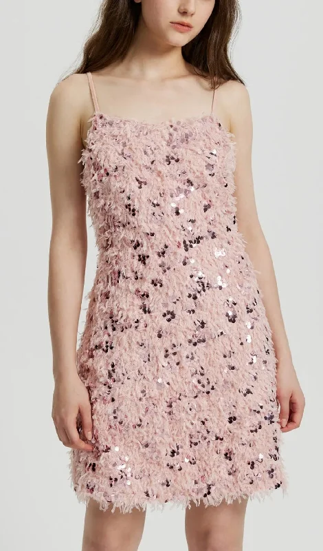 SEQUIN FEATHER COCKTAIL MINI DRESS IN PINK A-line mini dresses