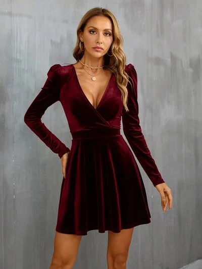 Surplice Puff Sleeve Mini Dress Spring mini dresses