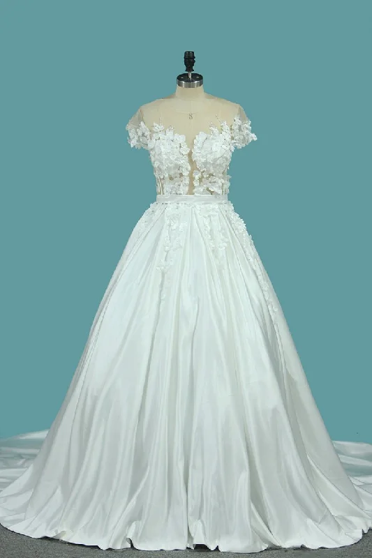 A Line Scoop Wedding Dresses Satin With Handmade Flower And Sash Chapel Train Classic Bridal Gown