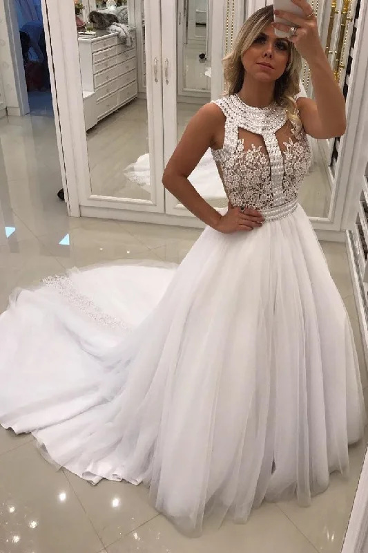 A Line Scoop Wedding Dresses Tulle With Applique And Beads Court Train Ball Gown Wedding