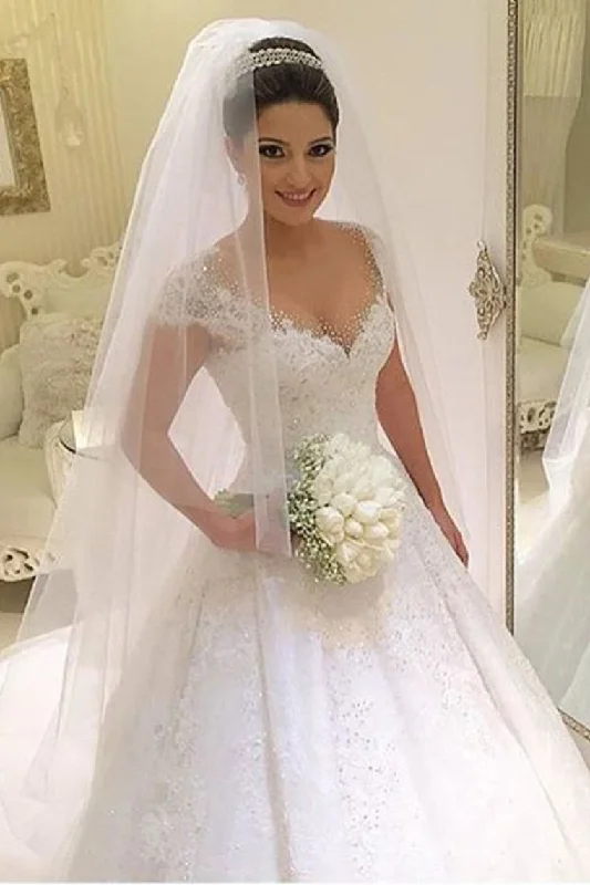 A Line Scoop Wedding Dresses Tulle With Applique And Beads Court Train Short Wedding Gown