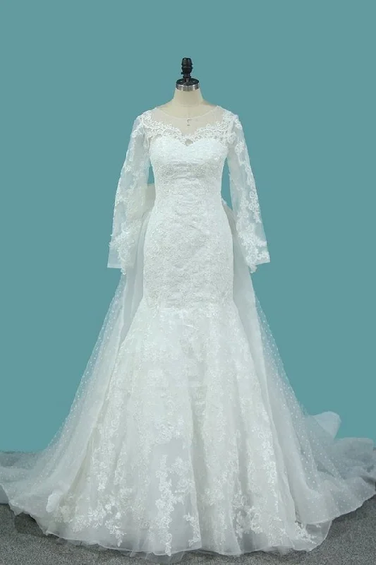 2024 Tulle Long Sleeves Mermaid Wedding Dresses With Applique P4KD7MM9 Soft Satin Bridal