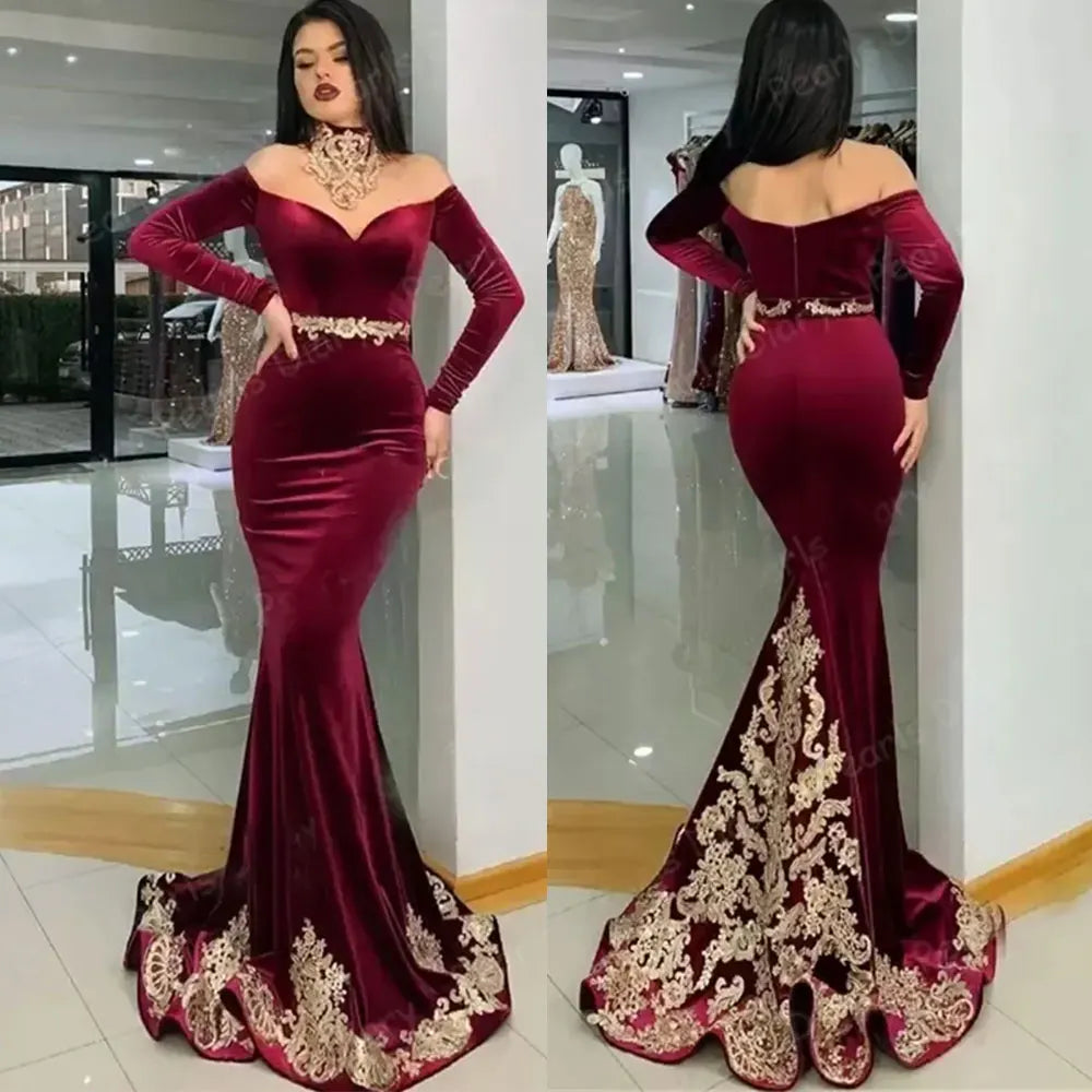 مجموعة أروين 2024 Burgundy Velvet Evening Dresses Choker Off Shoulder Mermaid Prom Gowns Dubai Saudi Arabic Women Long Sleeves Party Robes Empire Waist Dress