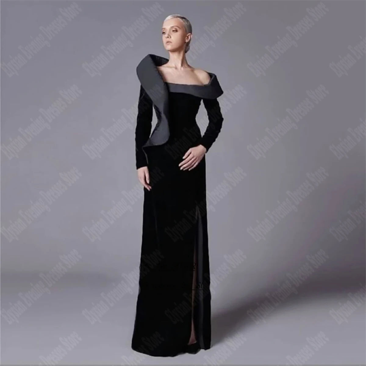 مجموعة أروين 2024 Women Elegant Dresses  Pleated Slim Fit Prom Gowns  Newest Velvet Dark Black Vent Customized Long Sleeve Mopping Length Elegant Satin Dress