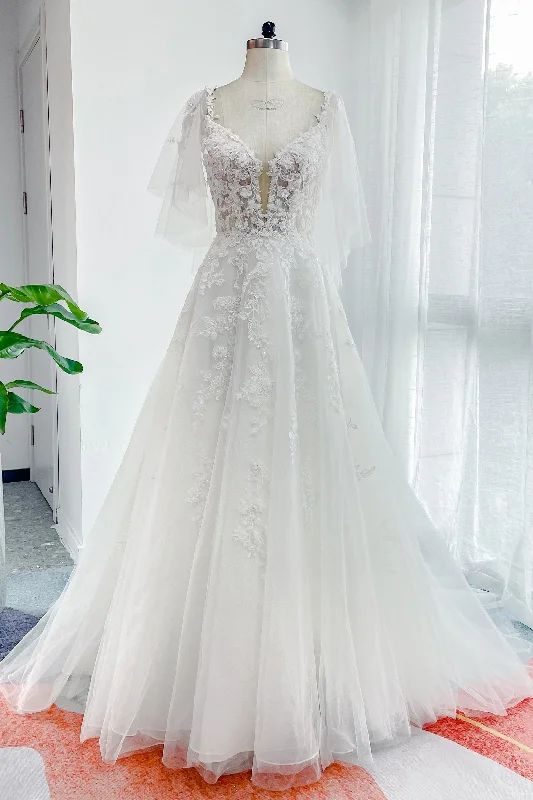 A-Line Court Train Lace Tulle Wedding Dress CW3160 Off-shoulder Gown