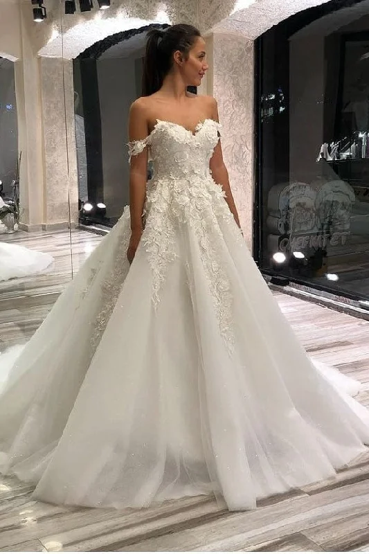 A-Line Wedding Dress Sweetheart Off-the-Shoulder With Lace Appliques Tulle Lace Wedding Gown