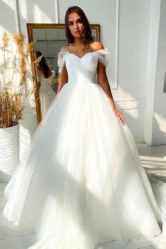 Ball Gown Off-the-shoulder Wedding Dress Tulle Bridal Dress Classic Satin Gown