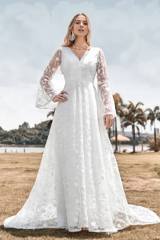 Beauty A Line V Neck Ivory Lace Flare Sleeves Wedding Dress Crystal Wedding Dress