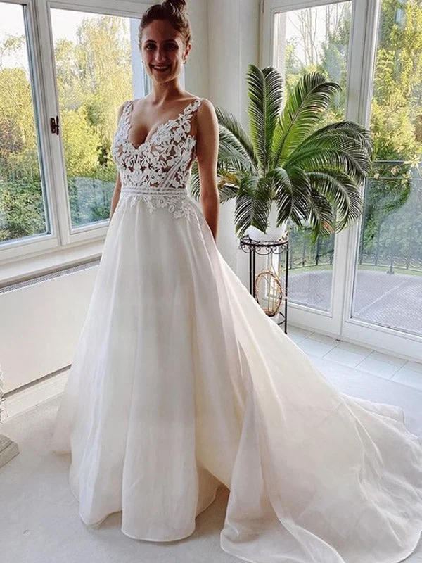 Charming V-neck A-line Organza Long Wedding Dresses, WDS0084 Vintage Lace Dress