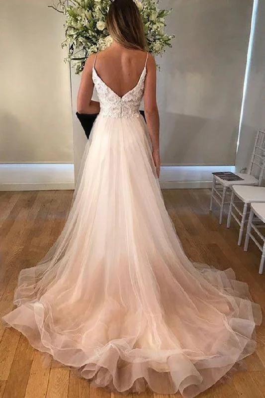 Chic Spaghetti Straps V Back Sleeveless Tulle Floor Length A Line Wedding Dresses Simple Satin Gown