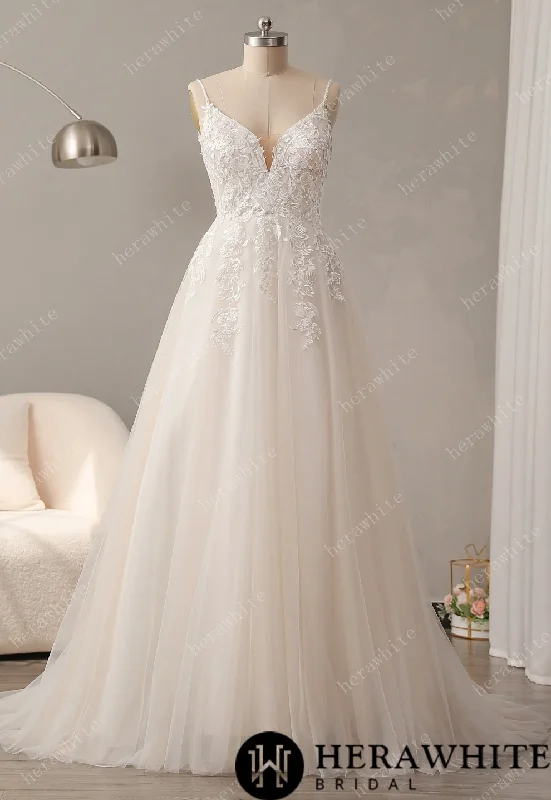 Deep V-Neck Large Backless Sweetheart A Line Wedding Dress Embroidered Wedding Dress