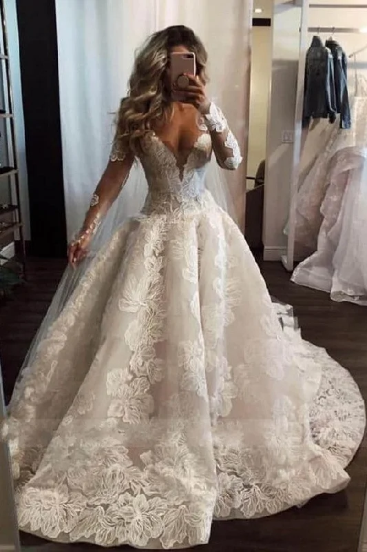 Deep V-neck Long Sleeves A-Line Wedding Dress With Pearl Details Lace Appliques Beaded Lace Wedding