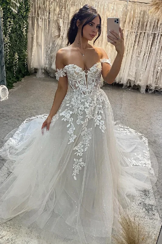 31692 - A Line Off the Shoulder Lace Appliques Rustic Wedding Dress Lace Sleeveless Dress