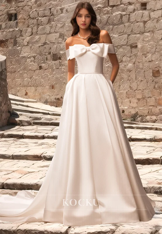 A-Line Off-Shoulder Wedding Dress Sleeveless Bowknot Satin Bridal Dress with Train Vintage Wedding Gown