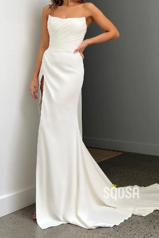 Casual Satin Trumpet Bateau Strapless Ruched With Side Slit Beach Wedding Dress  QW8202 Beaded Bridal Gown