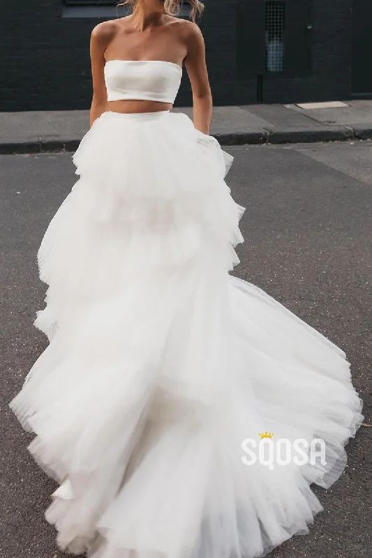 Chic Tulle A-Line Strapless Two-Piece Tiered With Train Wedding Dress QW8203 Beaded Wedding Gown