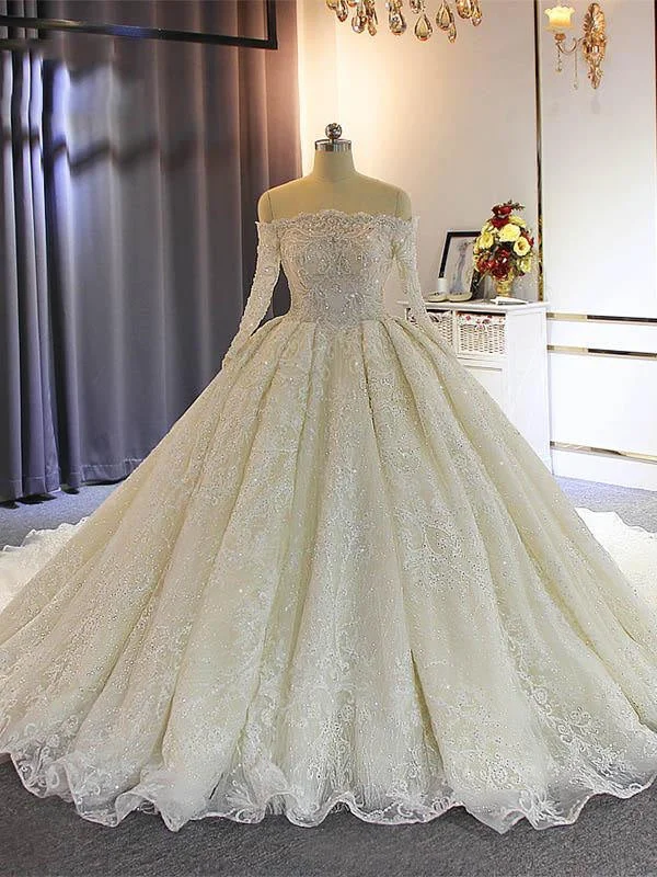 Exquisite Bateau Long Sleeves Lace-Up Ball Gown Wedding Dresses with Train Sleek Wedding Dress