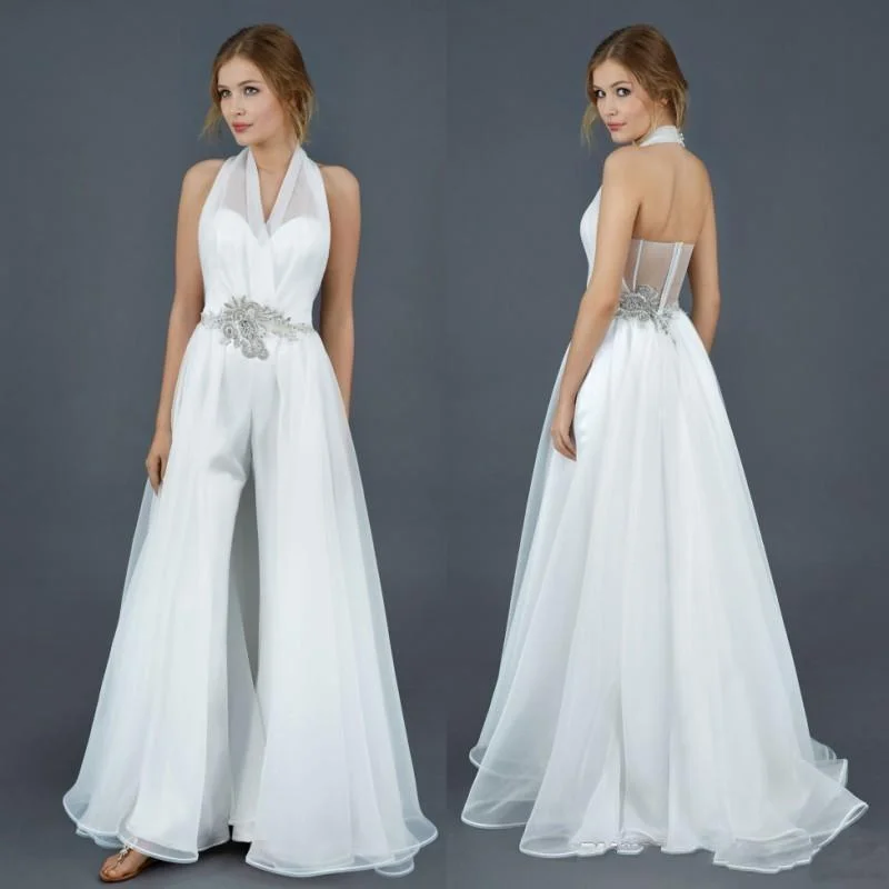 Halter Elegance Wedding Jumpsuit Sleeveless Bridal Gown