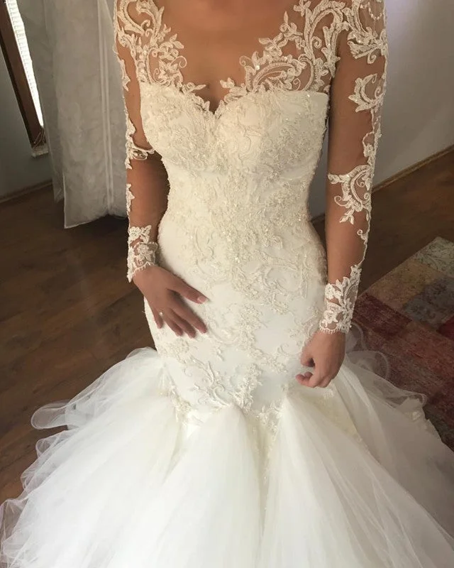 Lace Long Sleeves Ruffles Mermaid Wedding Dress Full Skirt Gown