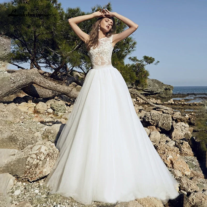 Lace Organza Boho A-Line Bridal Sweep Train Wedding Dress Soft Wedding Gown