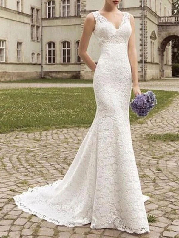 Lace Wedding Dress Mermaid V Neck Sleeveless Floor Length With Train Beach Bridal Gowns Mermaid Lace Gown