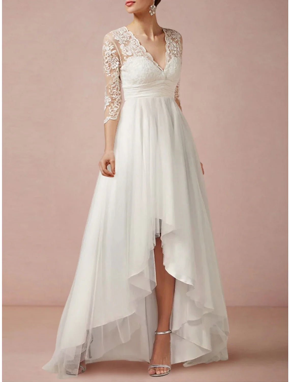 Mature Wedding Dresses Sheath / Column V Neck 3/4 Length Sleeve Asymmetrical Chiffon Bridal Gowns With Pleats Ruched Ruffle Wedding Gown