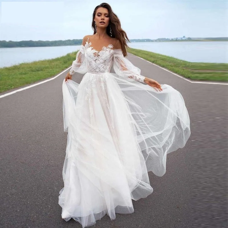 Off Shoulder Bohemian A Line Tulle Lace Princess Bridal Wedding Dress Boho Chic Gown