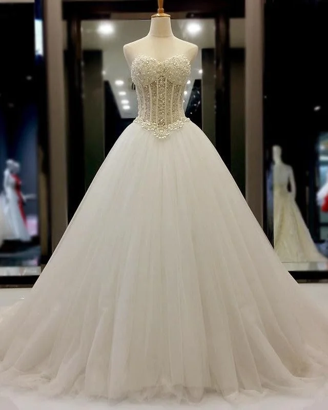 pearl beaded sweetheart see through princess wedding dresses Sleeveless Wedding Dress