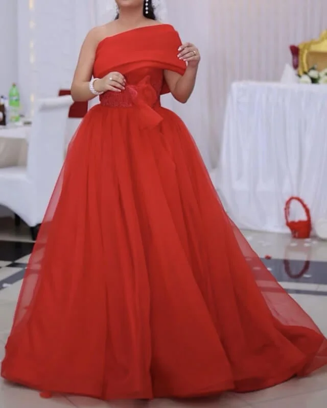 Red Tulle Wedding Dresses One Shoulder Luxury Wedding Dress