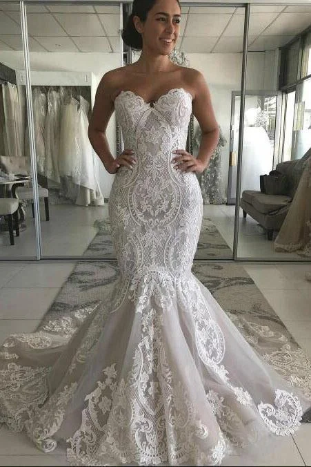 Sexy Sweetheart Mermaid Tulle Wedding Dress With Lace Appliques, Backless Bridal Dress N2554 Off-shoulder Bridal Gown