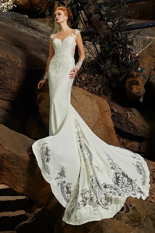 Trumpet-Mermaid Chapel Train Satin Wedding Dress CW2302 Empire Waist Gown