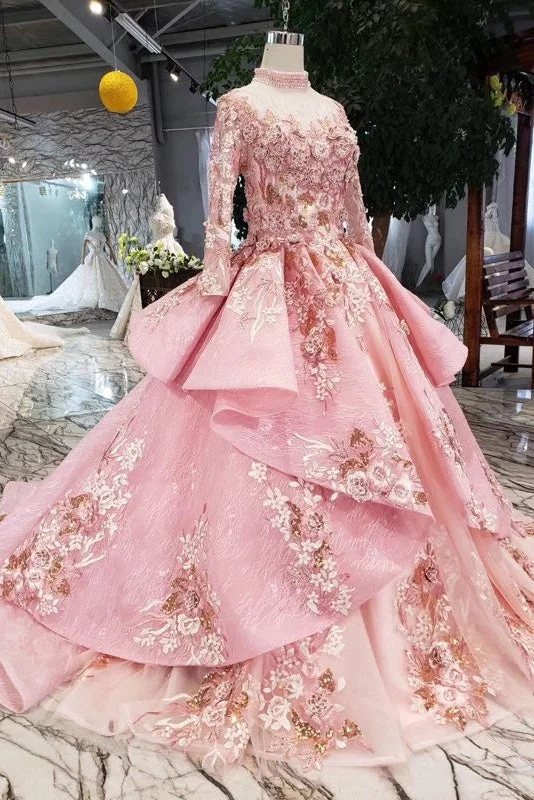 Vintage Pink High Neck Lace Up Princess Prom Dress Wedding Dress Ball Gown Full Skirt Wedding