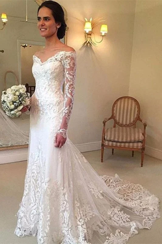 White Long Sleeves Off the Shoulder Mermaid Lace Beach Sexy Wedding Dress Classic Bridal Dress