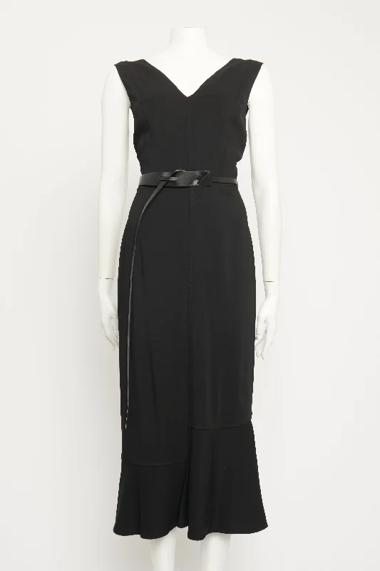 Black Viscose Preowned V-Neck Belted Midi Dress Anniversary midi dresses