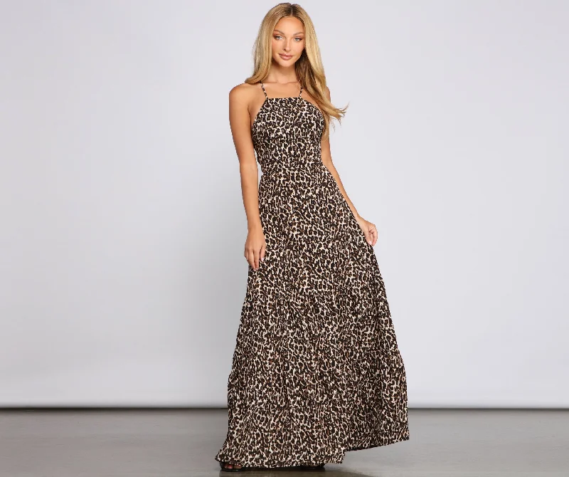 Fiercely Stylish Lace-Up Charming Leopard Maxi Dress Office maxi dresses