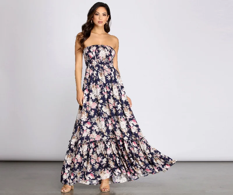 Getaway Girl Floral Charming Smocked Tube Maxi Dress Tiered maxi dresses