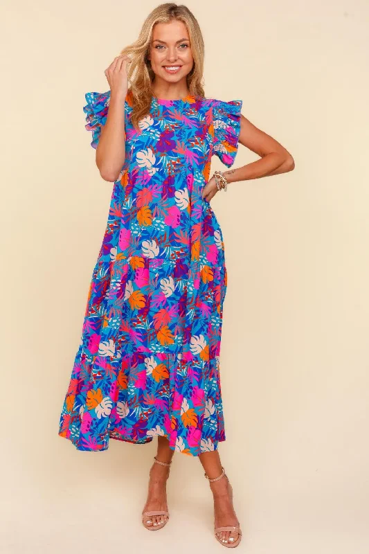 Haptics Tropical Floral Print Tiered Maxi Dress in Blue/Fuchsia/Orange Flattering maxi dresses for all body types