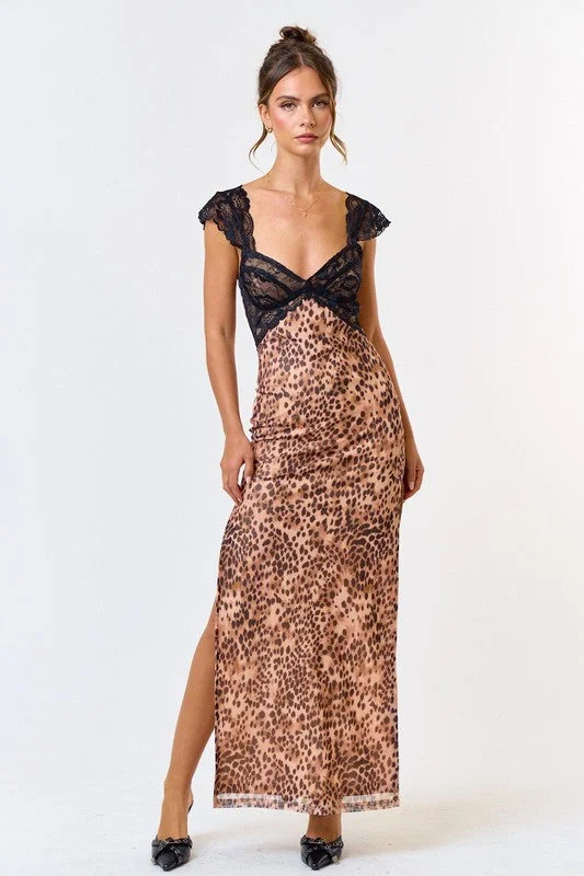 Leopard & Lace Side Slit Maxi Dress Expensive maxi dresses