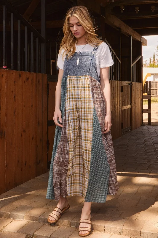 Oddi Denim and Mixed Plaid Overall Maxi Dress in Denim Combo Wrap maxi dresses