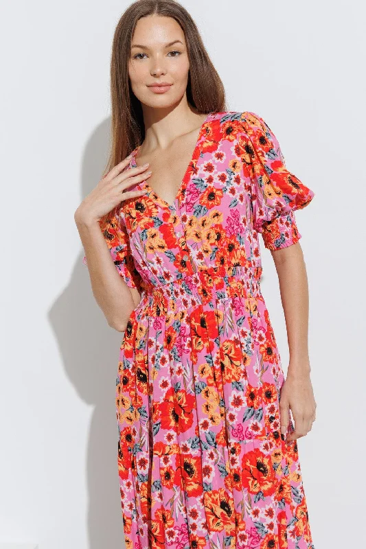 Polagram Floral Print Tiered Maxi Dress in Fuchsia Best maxi dresses for hourglass body shape