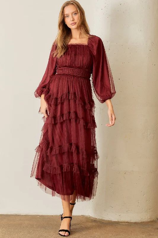 Polagram Long Sleeve Tulle Maxi Dress in Burgundy Women's trendy maxi dresses sale